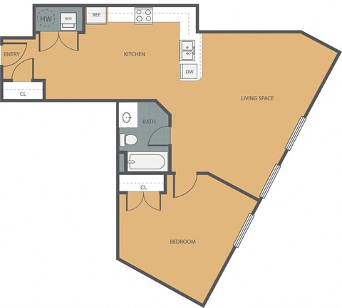 Floor plan for 1 bed, 1 bath, 840 sqft